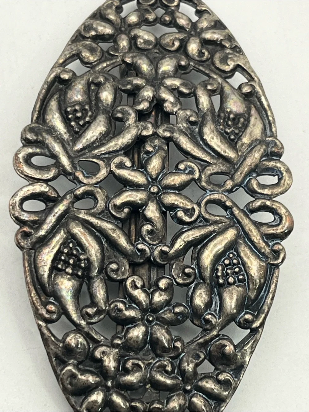 Art Nouveau style silver tone flower filigree oval hair clip barrette